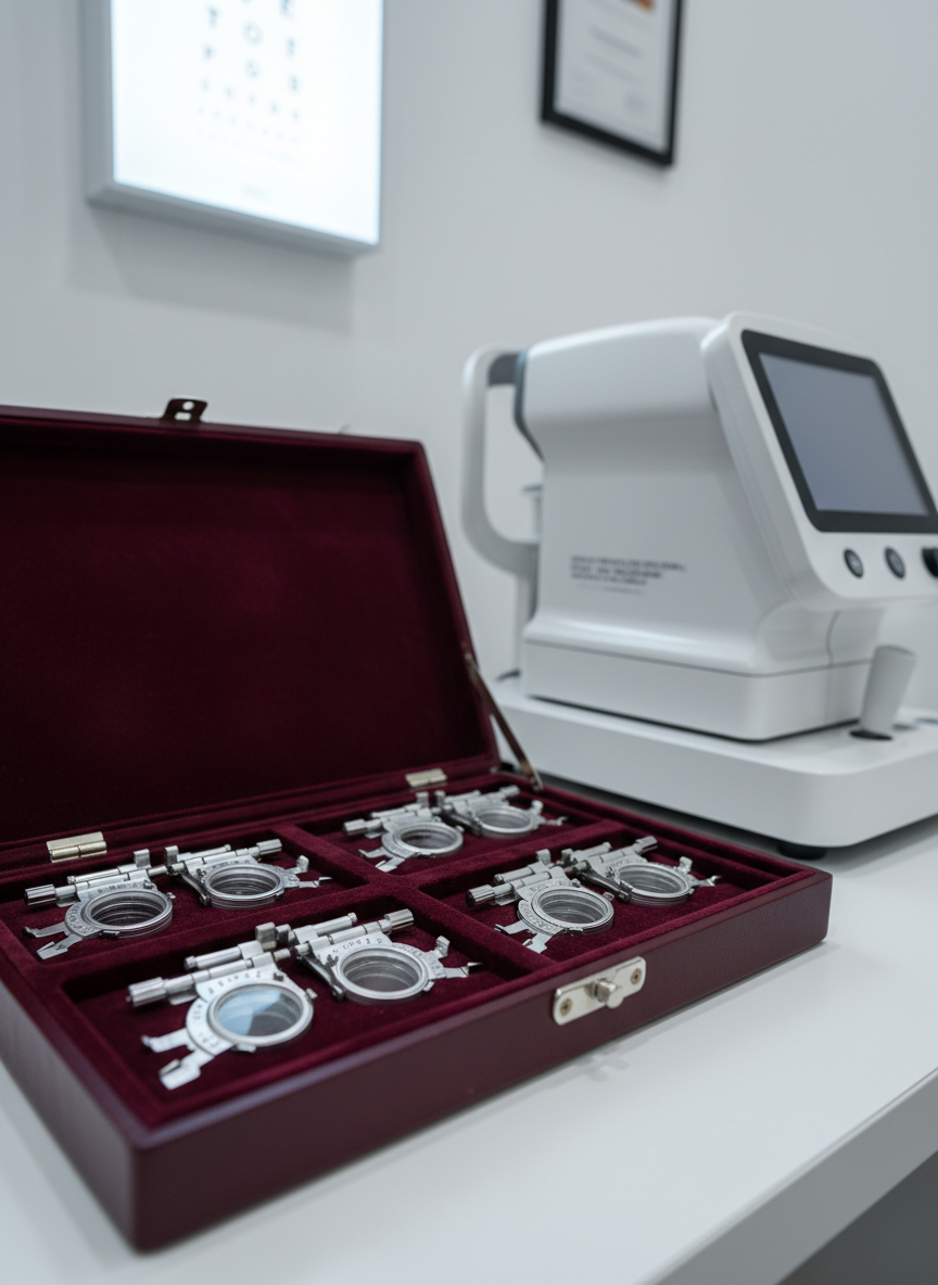 An array of meticulously arranged ophthalmic lenses and trial frames resting in a velvet-lined, burgundy optometry case, each metal rim and engraved number crisply detailed. The case sits on a sleek, matte-white counter beside a digital autorefractor, whose curved white body and glass surfaces reflect soft light. In the blurred background, a minimalist wall-mounted visual acuity chart and framed certificate hint at clinical expertise. Soft, cool studio-style lighting from the side creates gentle highlights on metal surfaces and delicate shadows in the velvet grooves. Photographed from a slightly elevated, three-quarter angle in photographic realism with a shallow depth of field, the mood is orderly, precise, and quietly reassuring, reflecting professional care in visual health.