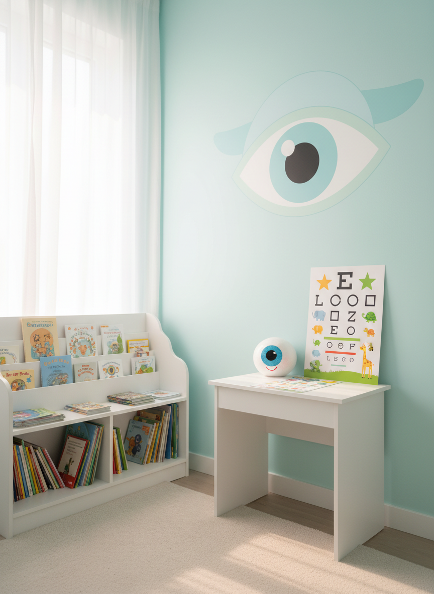 A serene pediatric ophthalmology corner without children, designed in soft, reassuring colors to reflect a nonprofit’s care for young patients’ visual health. A small white examination desk holds a scaled-down, friendly-looking eye model and a colorful, cartoon-themed vision chart featuring shapes and animals instead of letters. Nearby, a low bookcase contains neatly arranged educational materials about eye care. The walls are painted a gentle pastel turquoise with a large, stylized eye illustration conveying protection and clarity. Soft, diffused natural light from a side window gently illuminates the space, creating minimal shadows. Photographed from a slightly low, inviting angle in photographic realism, the mood is calm, safe, and nurturing, highlighting the foundation’s inclusive mission.