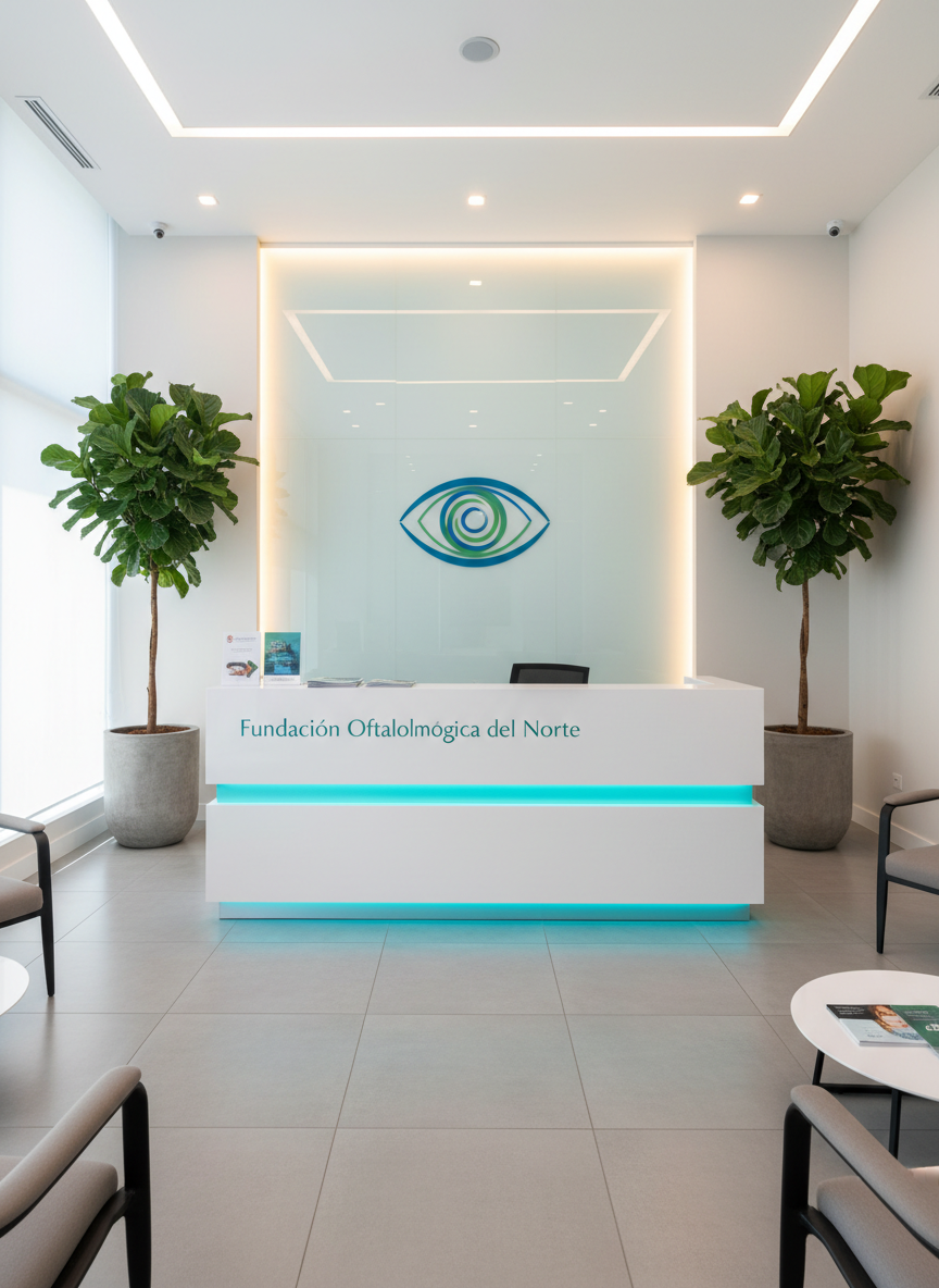 A modern, nonprofit ophthalmology foundation reception area without people, featuring a clean white reception desk accented with a subtle teal strip that symbolizes eye health. On the desk lies a neatly stacked brochure about visual health, with an abstract eye logo and the text “Fundación Oftalmológica del Norte” clearly visible. Behind the desk, a frosted glass panel with a minimalist eye icon is softly illuminated. Large potted green plants add life in the corners of the room. Natural daylight pours in from a large unseen window, blending with soft overhead lighting to create a bright, welcoming atmosphere. Captured at eye level in photographic realism with balanced depth of field, the composition emphasizes professionalism, trust, and community-focused care.