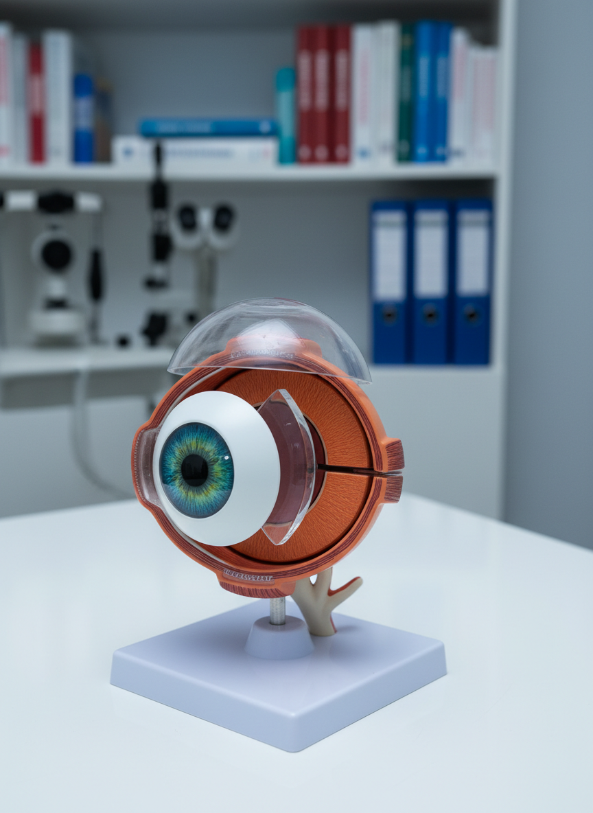 A close-up of a detailed, three-dimensional anatomical eye model with removable layers, showing the cornea, iris, lens, retina, and optic nerve in vivid, accurate colors. The model, made of smooth, semi-matte plastic, rests on a polished white examination table. Behind it, shelves with neatly arranged ophthalmology textbooks, diagnostic devices, and organized files are softly blurred. Cool, even clinical lighting from above highlights the textures and contours of each eye structure, casting minimal shadows. Captured from a slightly elevated angle with photographic realism and a balanced composition, the image feels educational, precise, and professional, perfectly suited to explain who the foundation is and its commitment to visual health.