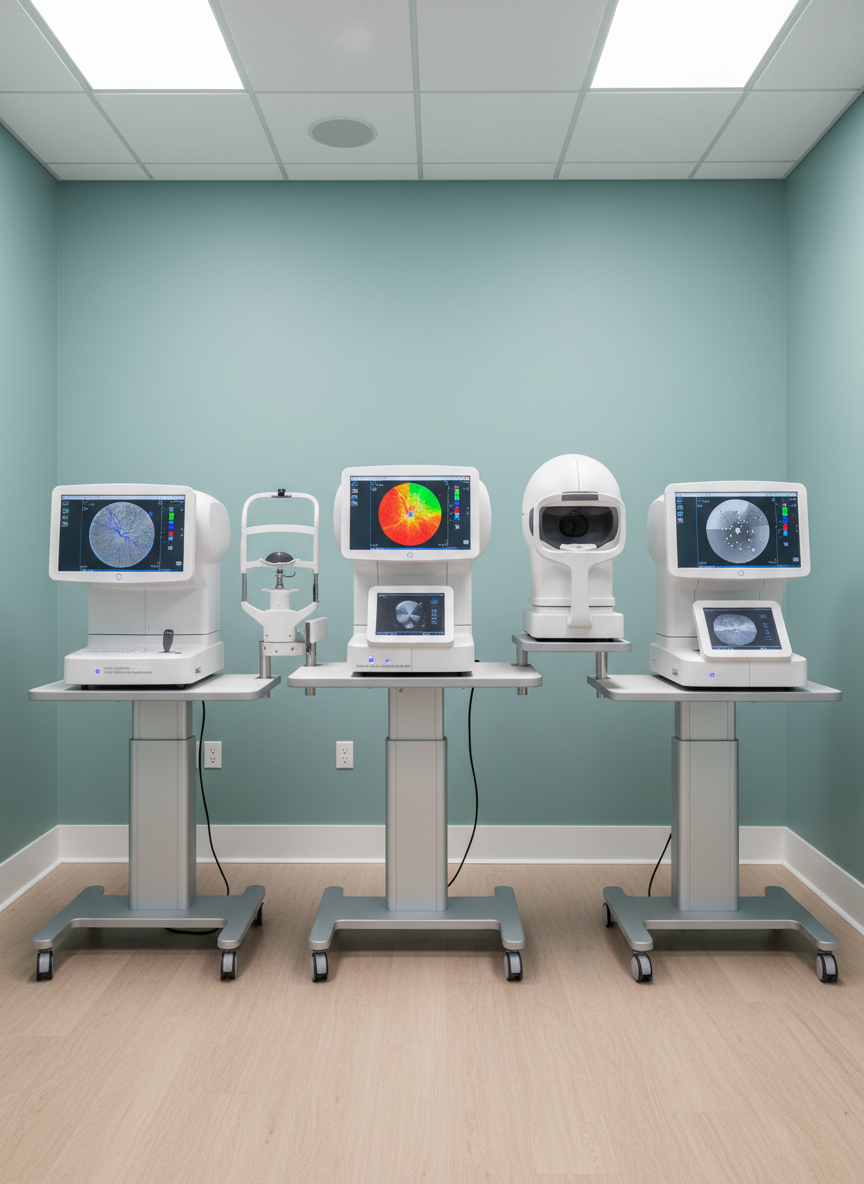 A sophisticated bank of ophthalmic diagnostic equipment, including a digital retinal camera and visual field analyzer, arranged in a spotless testing room. The machines have smooth white casings, subtle blue LED indicators, and high-resolution screens displaying detailed retina images and visual field graphs. They stand on clean, height-adjustable stands over a light wood-look floor. The walls are painted in a soft, calming teal associated with eye health. Gentle, diffused overhead lighting creates minimal glare on the screens while maintaining crisp clarity. Shot with a wide-angle, eye-level photographic realism approach, everything is in sharp focus, emphasizing advanced technology, efficiency, and the foundation’s professional commitment to comprehensive eye examinations.